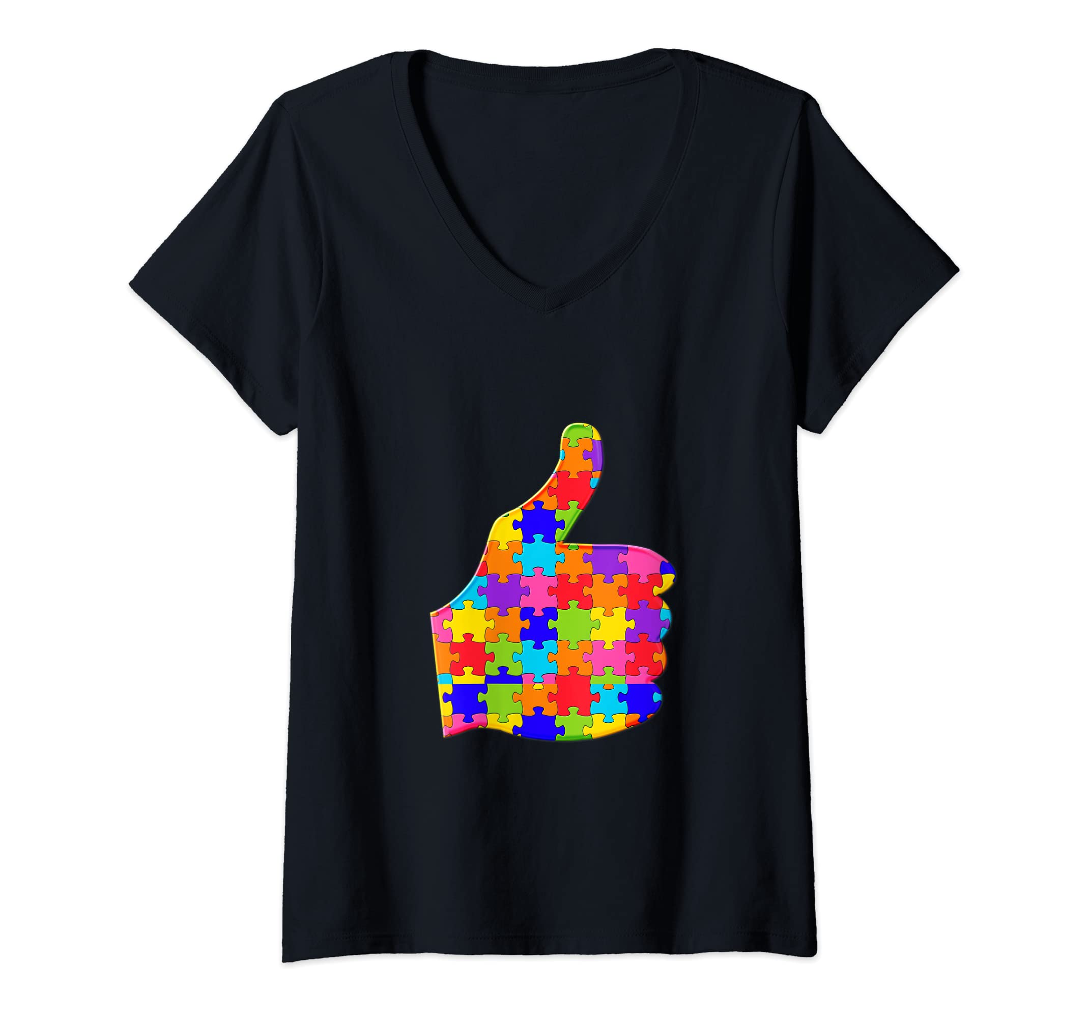 Womens Like Thumbs up Jigsaw Autism Puzzle V-Neck T-Shirt