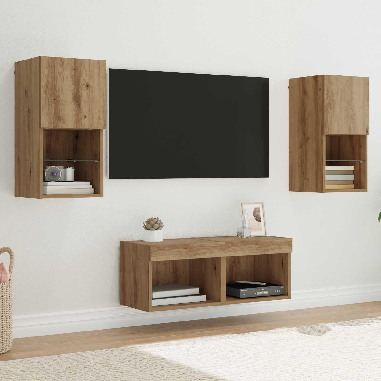 Regał ścienny do telewizora, 4 sztuki, dąb Artisan, materiał drewnopochodny, montaż ścienny, nowoczesny design, miejsce do przechowywania z oświetleniem i szklanymi otworami do salonu, kina
