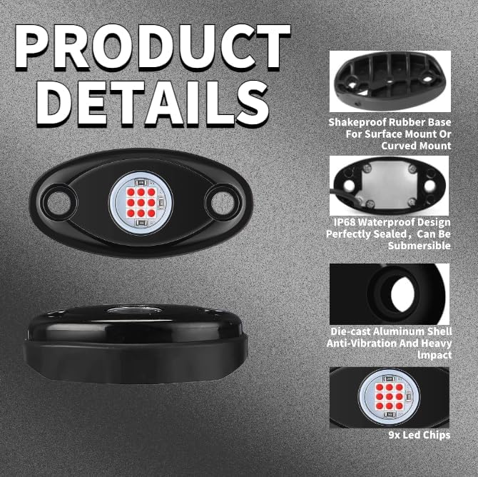 Image of 12pods Pure Red led Rock Lights Dc 12v with Switch Kit for Trucks utv ATV
