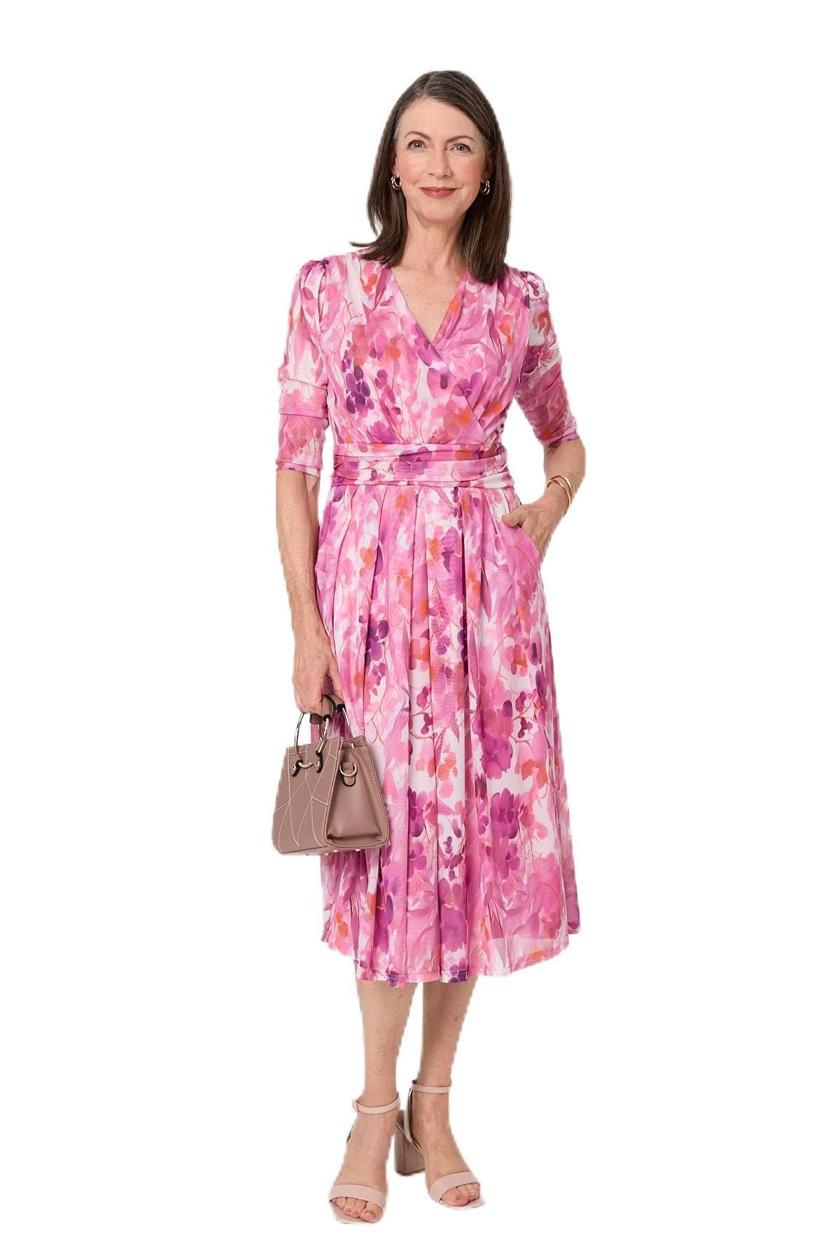Izabel London Women's Printed Mesh Layer Pleat Wrap Midi Dress in Pink | Size: 8
