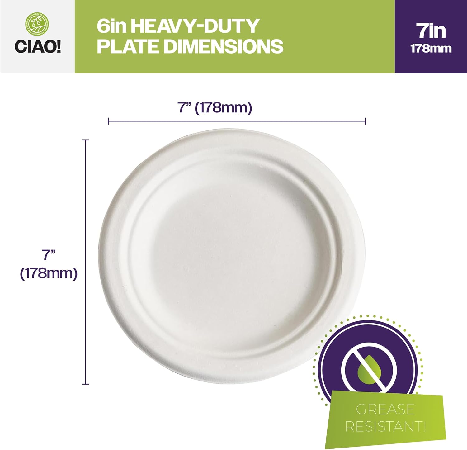 CIAO! 7" Heavy Duty Plate 100% Compostable Ecofriendly PFAS Free Unbleached Bagasse Natural White (Pack of 1,000)