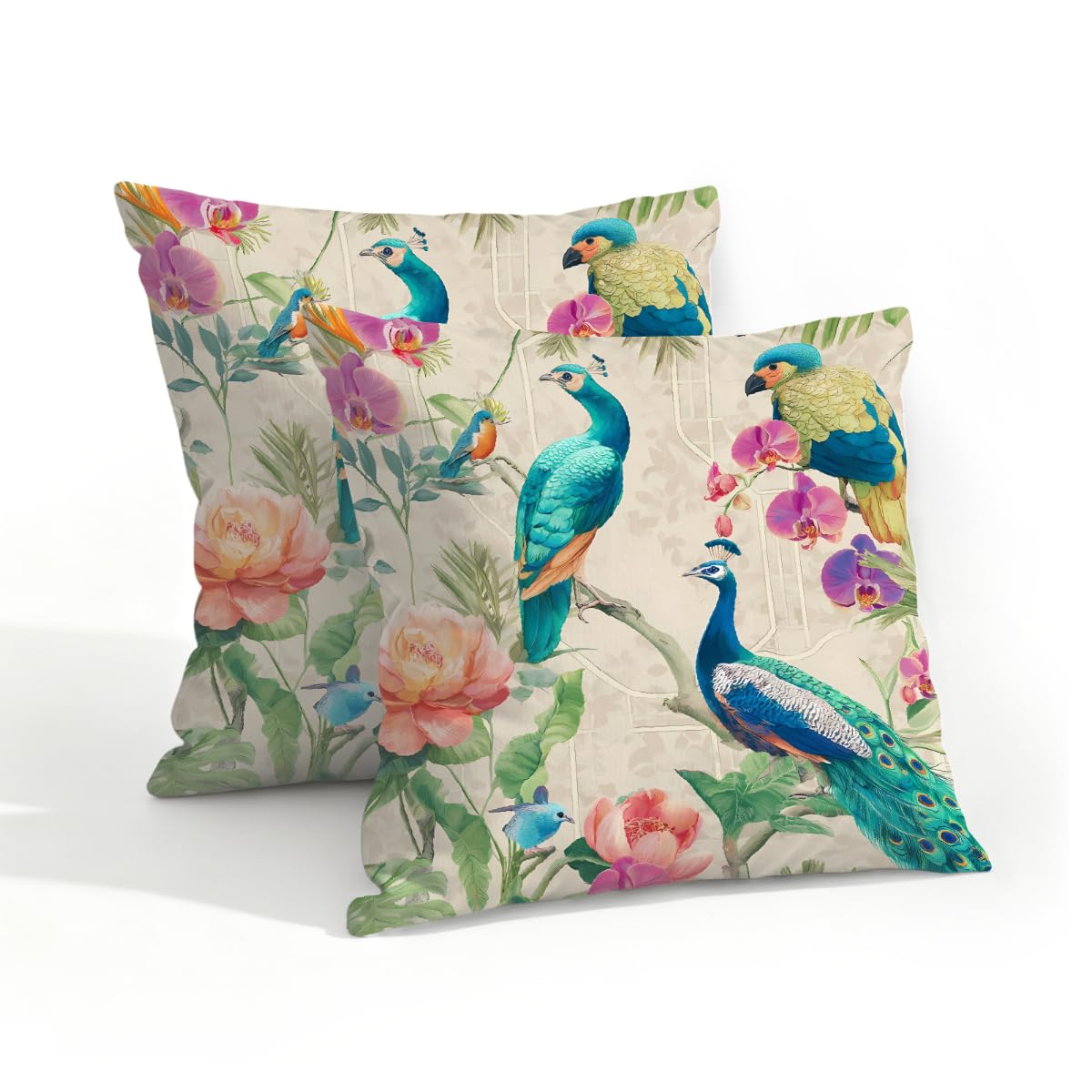 Outdoor Pillow Covers Waterproof Pillowcases 18x18in Set of 2 Asin Oriental Floral Turquoise Peacocks Decorative Throw Cushion Case for Couch Sofa Garden Patio Furniture