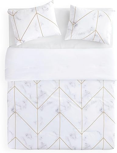 Miniatura 3 de Wake In Cloud - Juego de edredón de mármol, gris gris, negro y blanco con líneas geométricas doradas, patrón moderno impreso, ropa de cama de