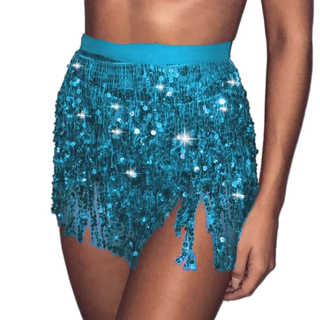 Carufin Women's Belly Dance Skirt Hip Belt Sequin Tassel Skirt Hip Wrap Scarf Rave Music Festival Costume (Lake Blue)