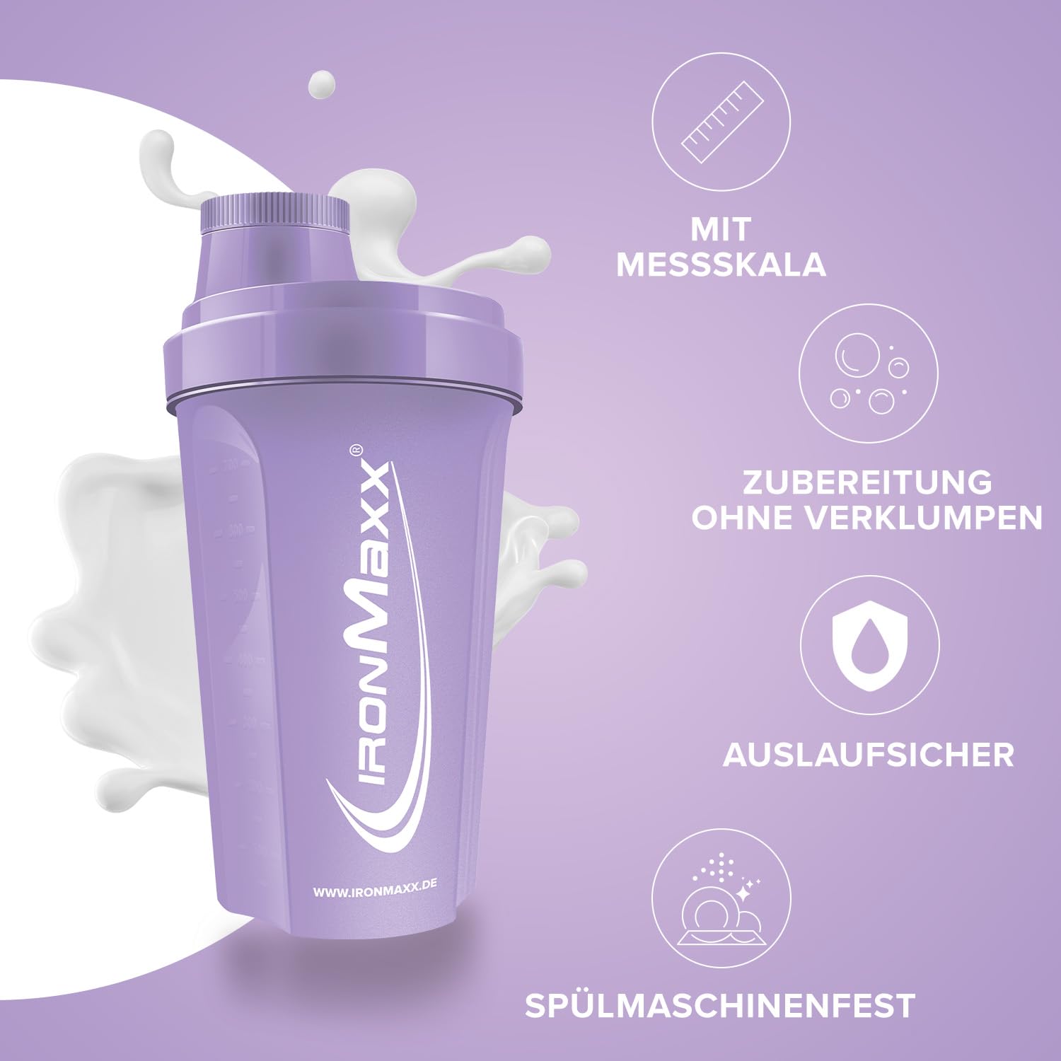 IronMaxx Shaker do białek, lawendowy shaker 700 ml, szczelny, nadaje się do mycia w zmywarce, nie zawiera BPA i DEHP | shaker proteinowy z zamknięciem obrotowym, sitkiem i skalą pomiarową