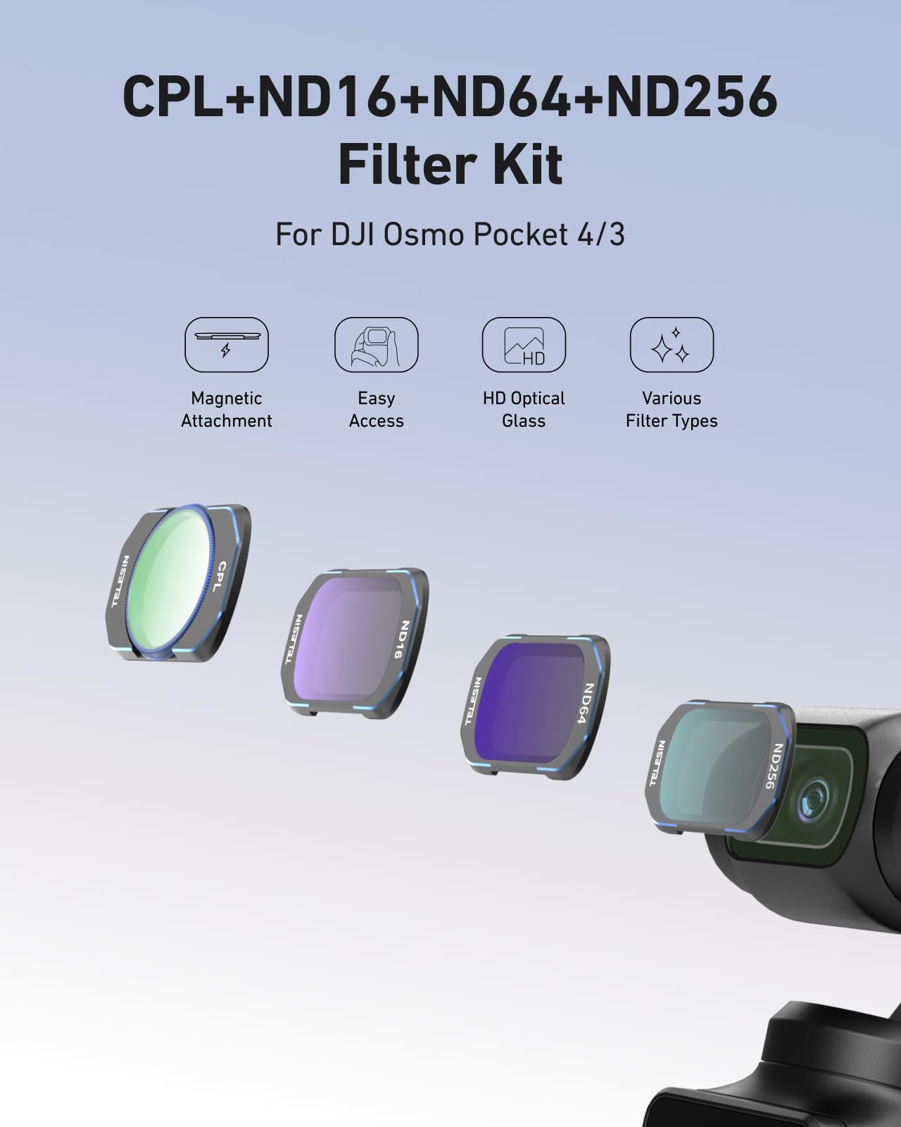 TELESIN Zestaw filtrów magnetycznych do DJI Osmo Pocket 3, 4-pak CPL ND16 ND64 ND256 neutralna gęstość, polaryzacyjny HD, ultra cienki filtr ze szkła Corning, zestaw ochraniaczy obiektywu do Pocket 3