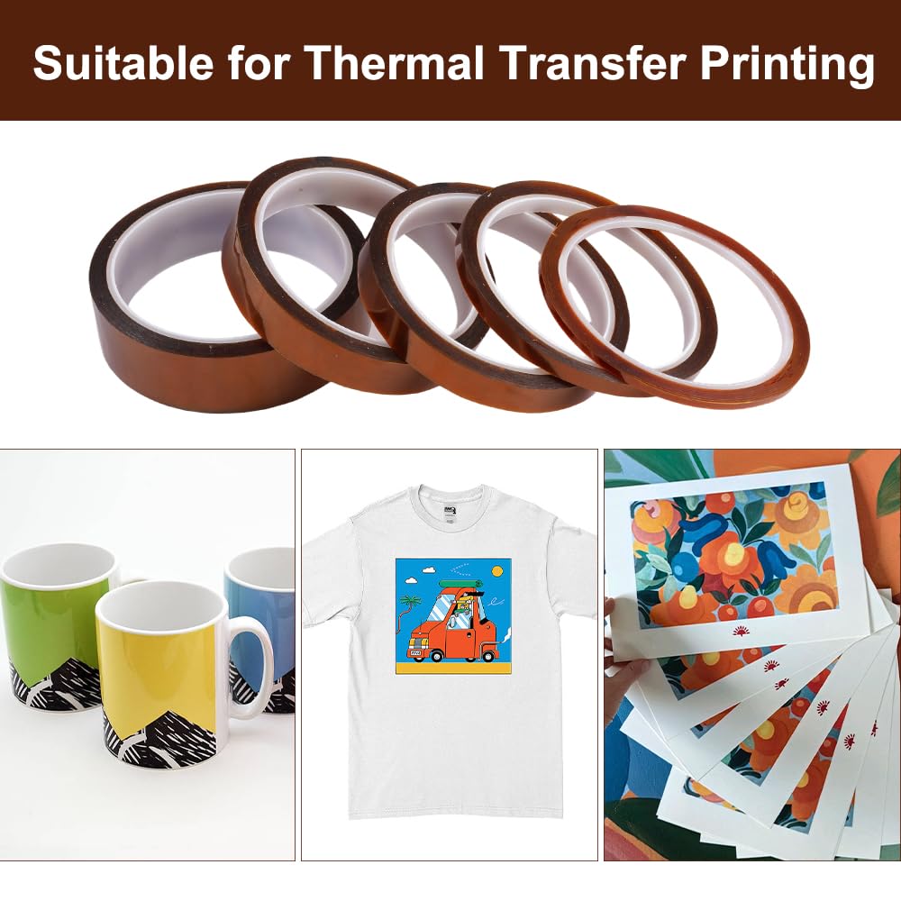 5 Piezas Cinta Termica Sublimacion,3/6/8/12/25mm x 33m Alta Temperatura Cinta,Cintas de Alta Temperatura para Impresora 3D,para Soldar,Electricidad,Enmascarar,Soldar y Sublimación (Marrón)