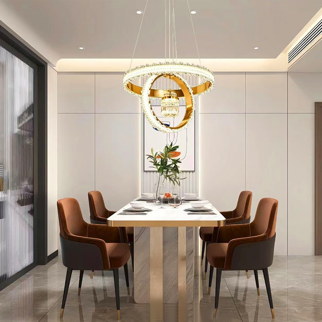 Lampa Kryształowa Nowoczesna Lampa Wisząca LED O Dwupierścieniowym Wzorze Regulowana Wysokością 50 Cm Oświetlenie Ściemnialne W Trzech Kolorach Odpowiednia Do Salonu Jadalni I Sypialni