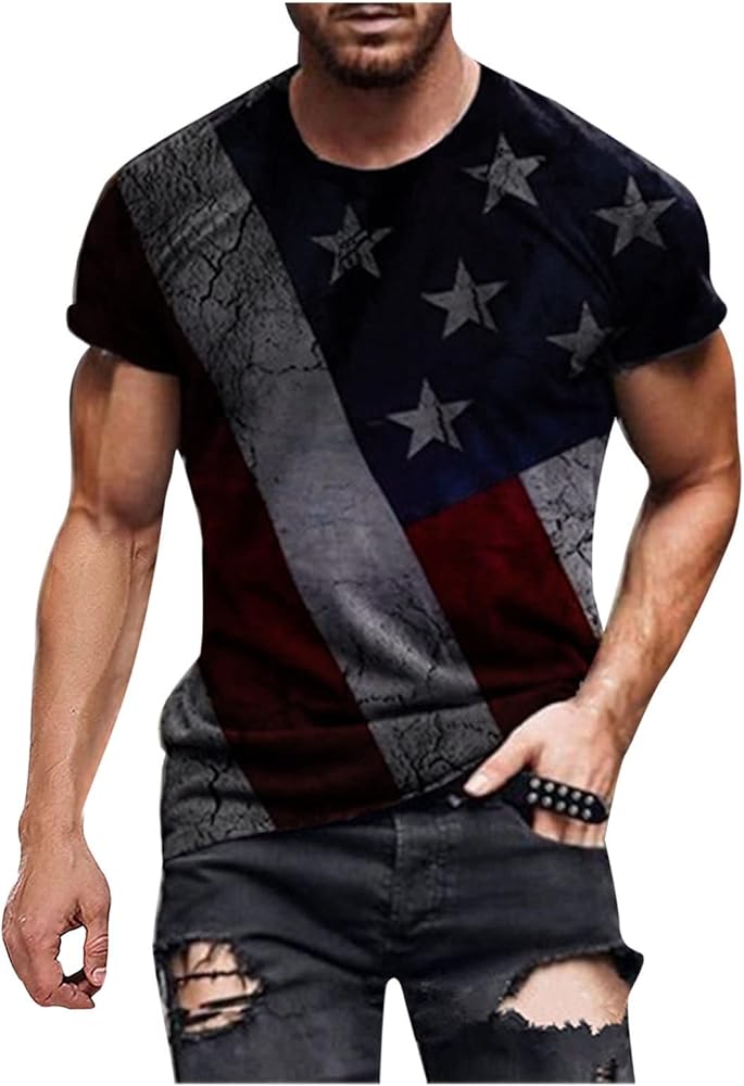 Herren T-Shirt 4. Juli Shirts Patriotische Hemden für Männer Amerikanische Flagge Rundhalsausschnitt
