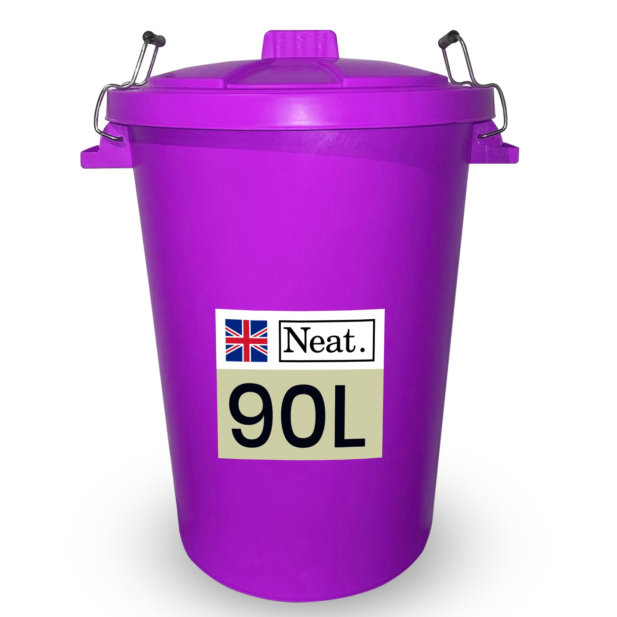 Neat. Large Plastic Bin - 90L, Heavy Duty Kitchen Bin with Metal Handle, Purple, Indoor/Outdoor Dustbin with Lid for Waste or Storage