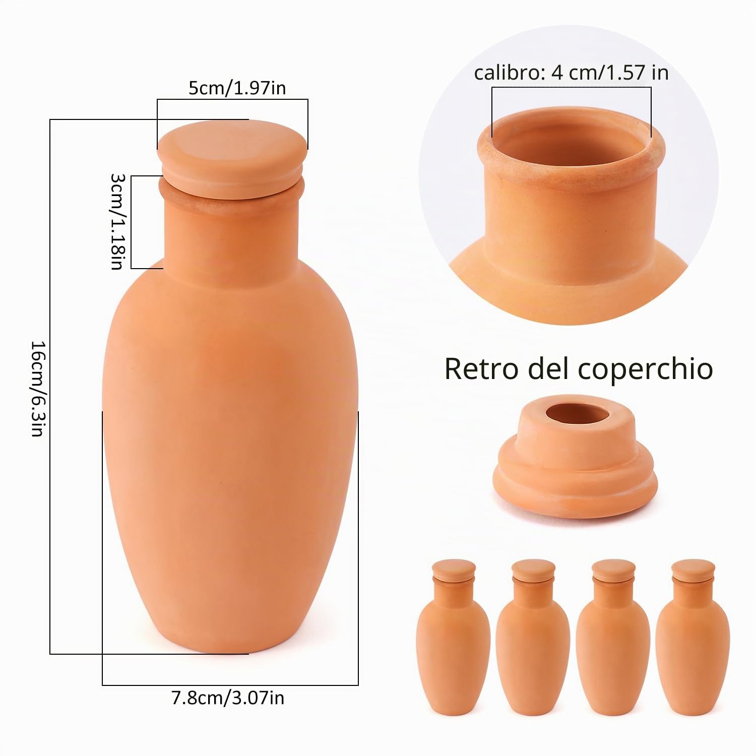 8 vasi Olla da 7,9 x 7,9 x 15,2 cm, per Sistema di irrigazione Olla, in Terracotta, con Coperchio, per Interni ed Esterni, in Terracotta