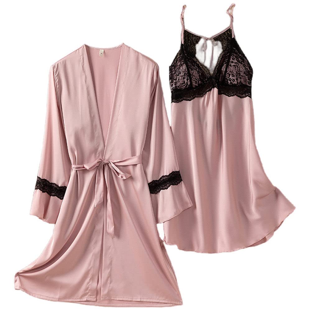 Accappatoio Donna,2 Pezzi Set Accappatoio In Raso Sexy Pizzo Nero A Rete Senza Schienale Con Lacci Vestaglia Camicia Da Notte Set Kimono Leggero Abito Pigiama Sposa Vestaglia Bademantel Damen,Pink,M