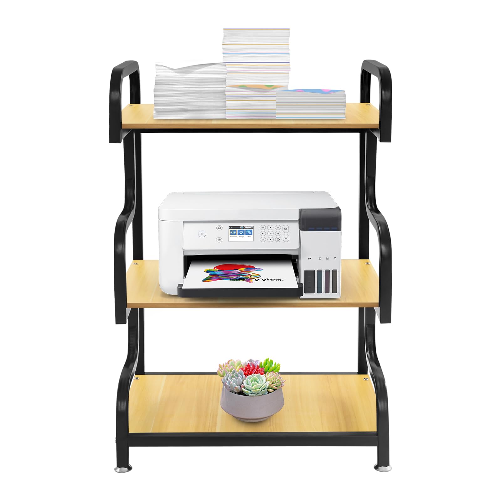 3-stufiger Druckerständer mit Ablage, Robustes Druckerregal, 60x40x94cm Standregal für Büro & Home Office, Hohe Tragfähigkeit bis 20kg pro Ebene, Schwarz