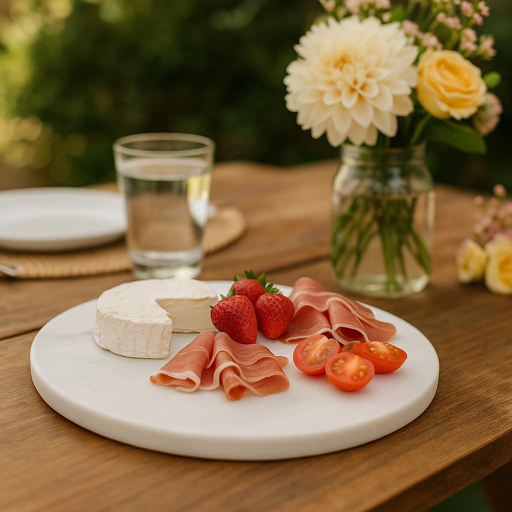 Kalu creations Planche ronde en marbre blanc de Carrare Ø 30 cm – Plateau de service artisanal pour sushis, fromages ou apéritifs – Fait main en Italie
