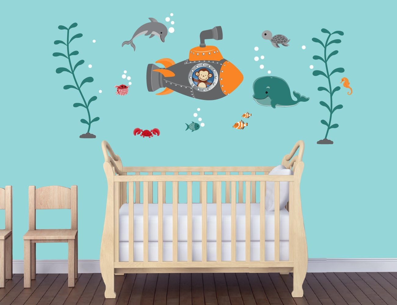 Underwater Decal for Nursery, Fish Wall Decal, Gray