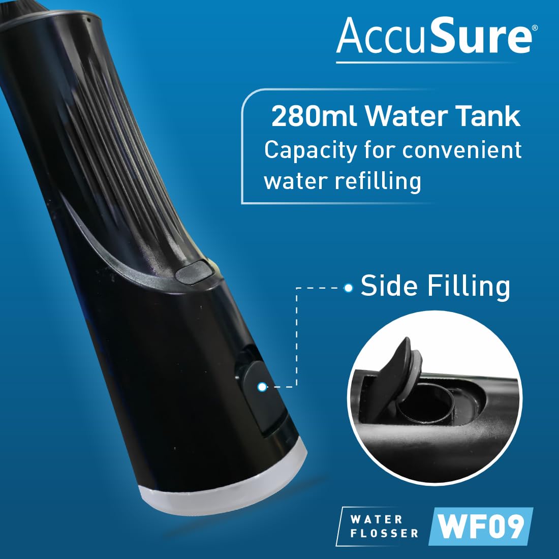 AccuSure WF09 Smart Water Flosser | 280ml Tank, Portable & Rechargeable, IPX7 Waterproof | 4 Modes with Adjustable Water Pressure | Oral Flossing for Home & Travel | 1-Year Warranty (Black) 2