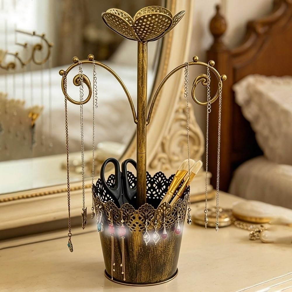 YCTTKDD Soporte multifunción Dorado para árbol de joyería con Bandeja para Anillos y Cubo de Almacenamiento