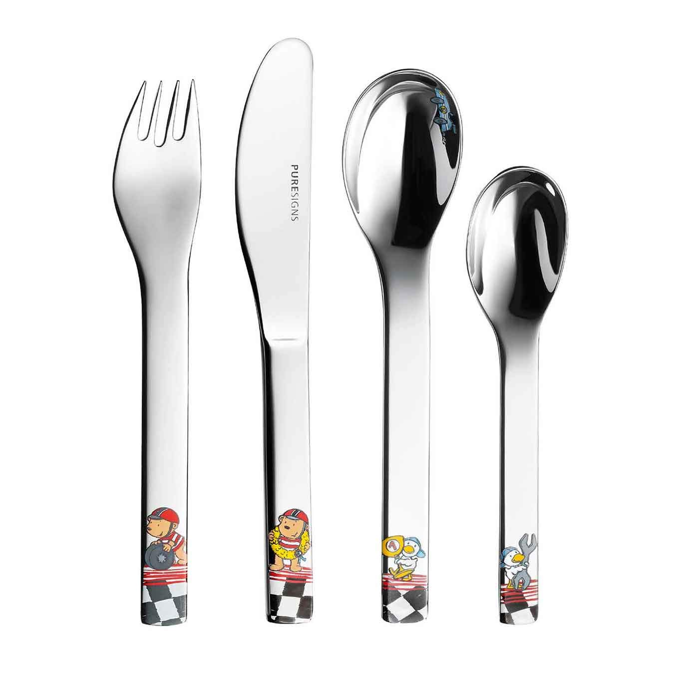 Puresigns Kindergeschirr Set 7-teilig QUICK, Keramik Geschirr & Edelstahl Besteck für kleine Helden - kindgerecht & spülmaschinenfest Fantasievolles Besteck