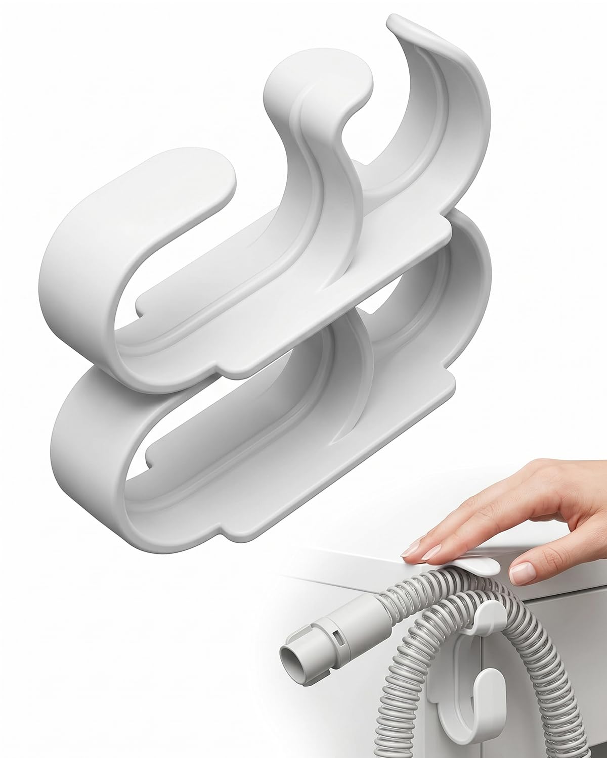Produktbild von 2x CPAP-Schlauchhalter – Mit 4 Klebepads, Für Atemschutzgeräte, Verhindert Verwicklungen, Für Bett & Wand, Weiß, ABS