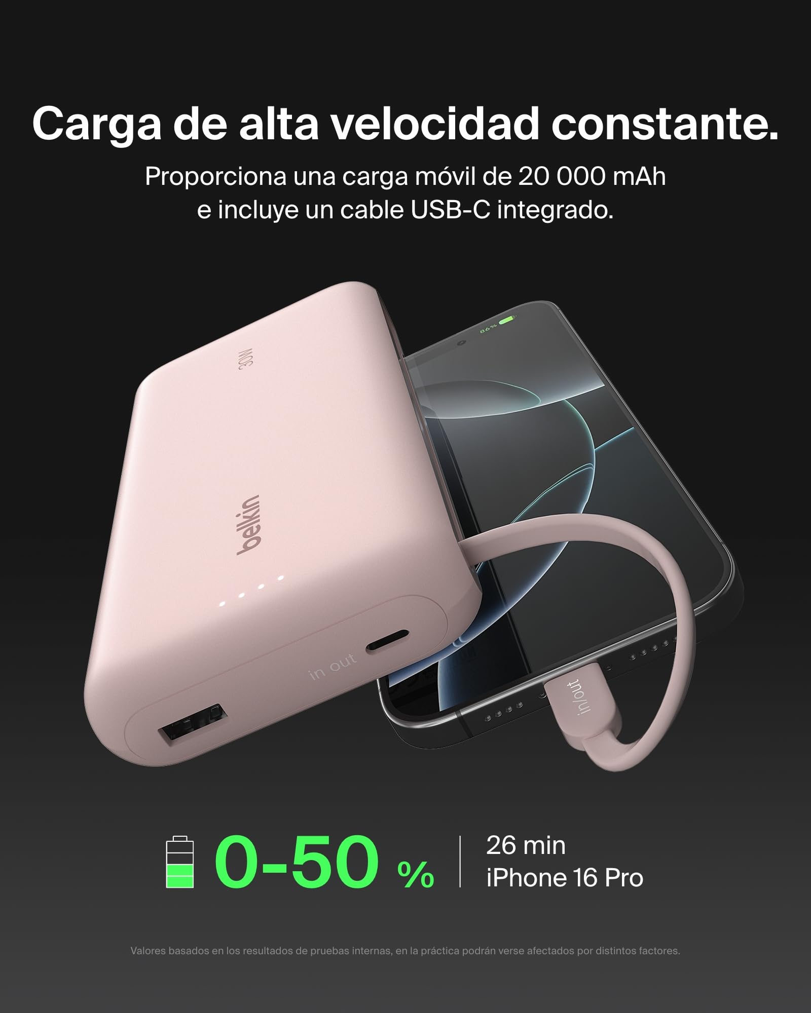 Belkin BoostCharge Batería Externa 20000 mAh con Cable USB-C - Rosa | Power Bank de 20000 mAh, 1 puerto y 1 cable USB-C y 1 puerto USB-A, 30 W, LED, Apta como Equipaje de Mano y Precargada