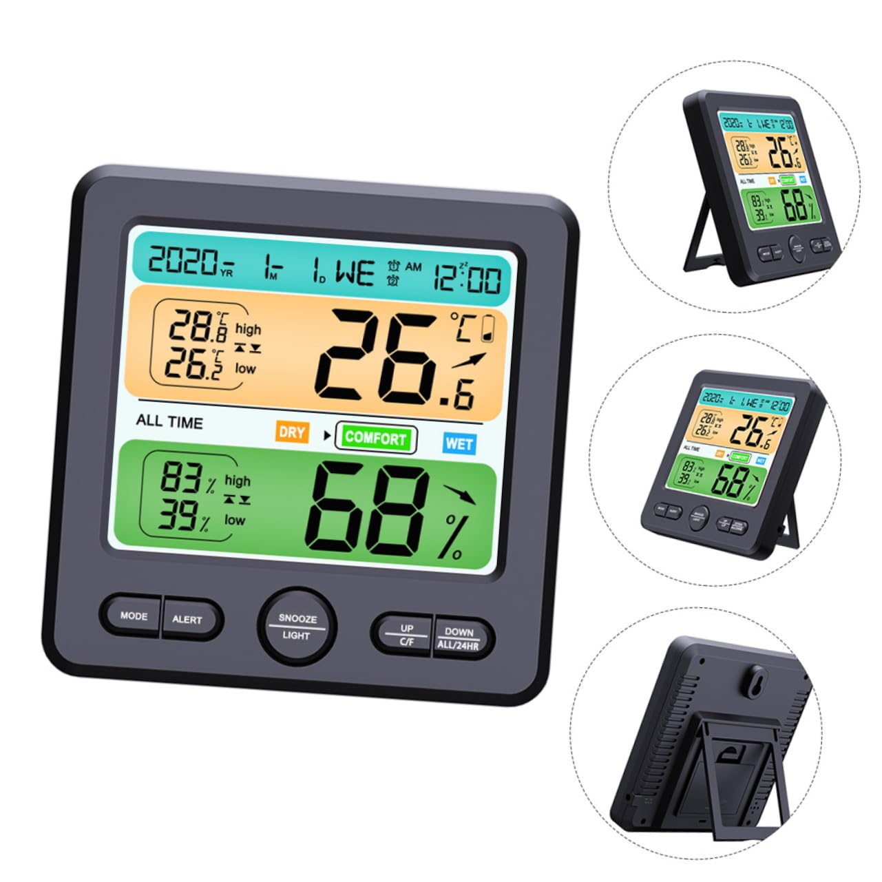 Thermohygrometer Uhr Schwarz mit LED Anzeige, Abs, 1 Stück | Klappbarer Standfuß, ohne Batterie, für Tisch und Wandmontage, Temperaturgenauigkeit ±1 °c, Feuchte ±5 % Rh