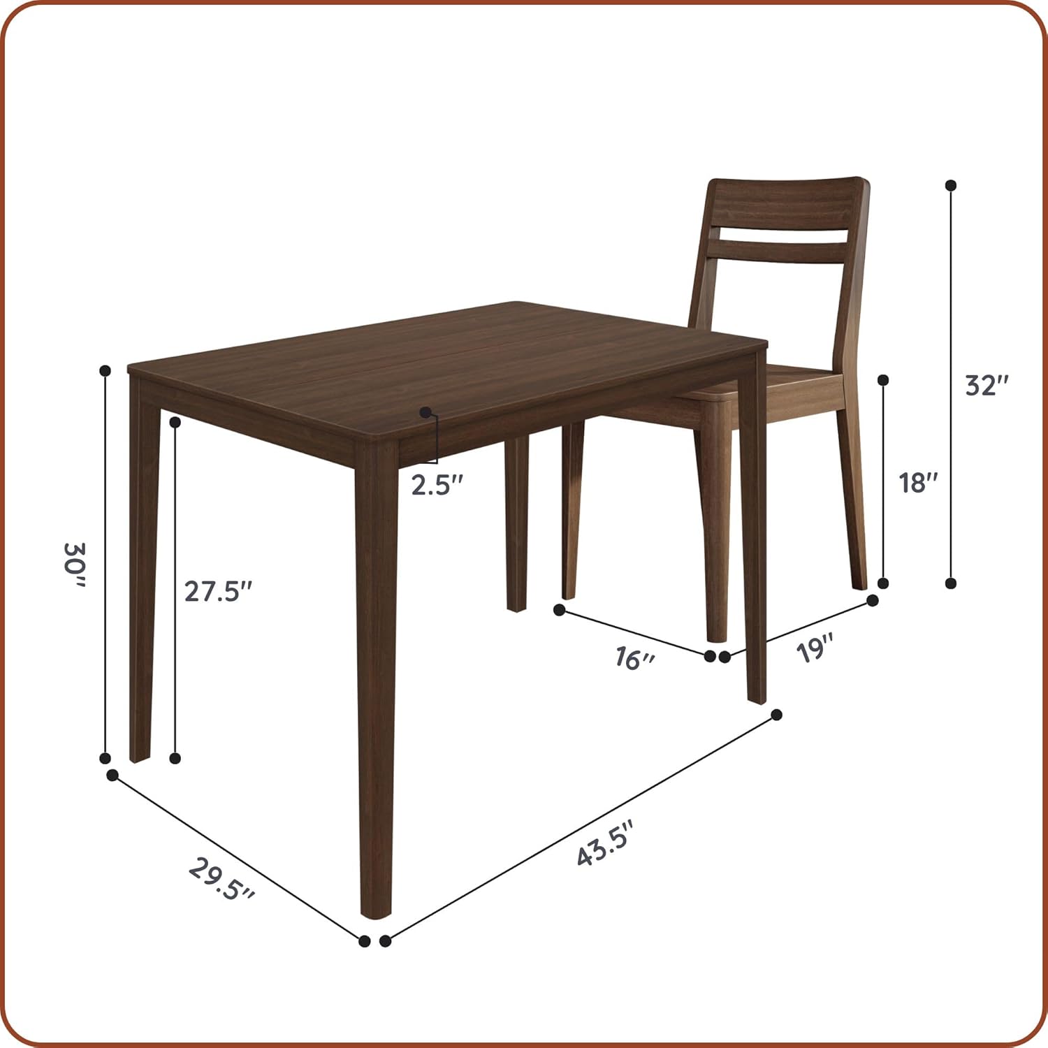 Grain & Grove Crew 5-Piece Dining Set – Solid Wood 43” Rectangular Table and 4 Chairs, Seats 4, Small Kitchen or Dining Room Set, Easy Assembly, Walnut