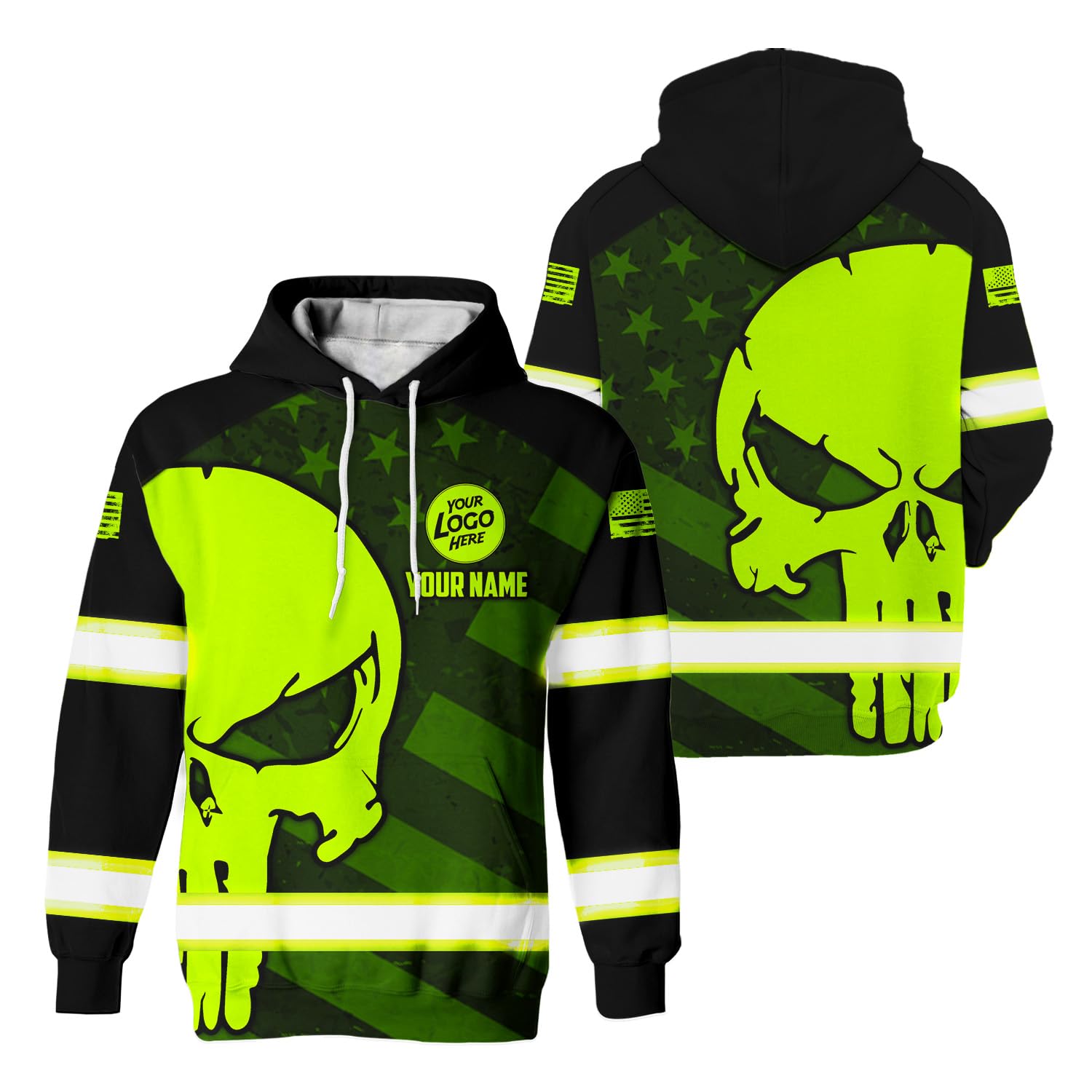 Maddly High Visibility Skull US Flag Safety Workwear Custom Name for Workers, Runners, Truckers, Patriotic