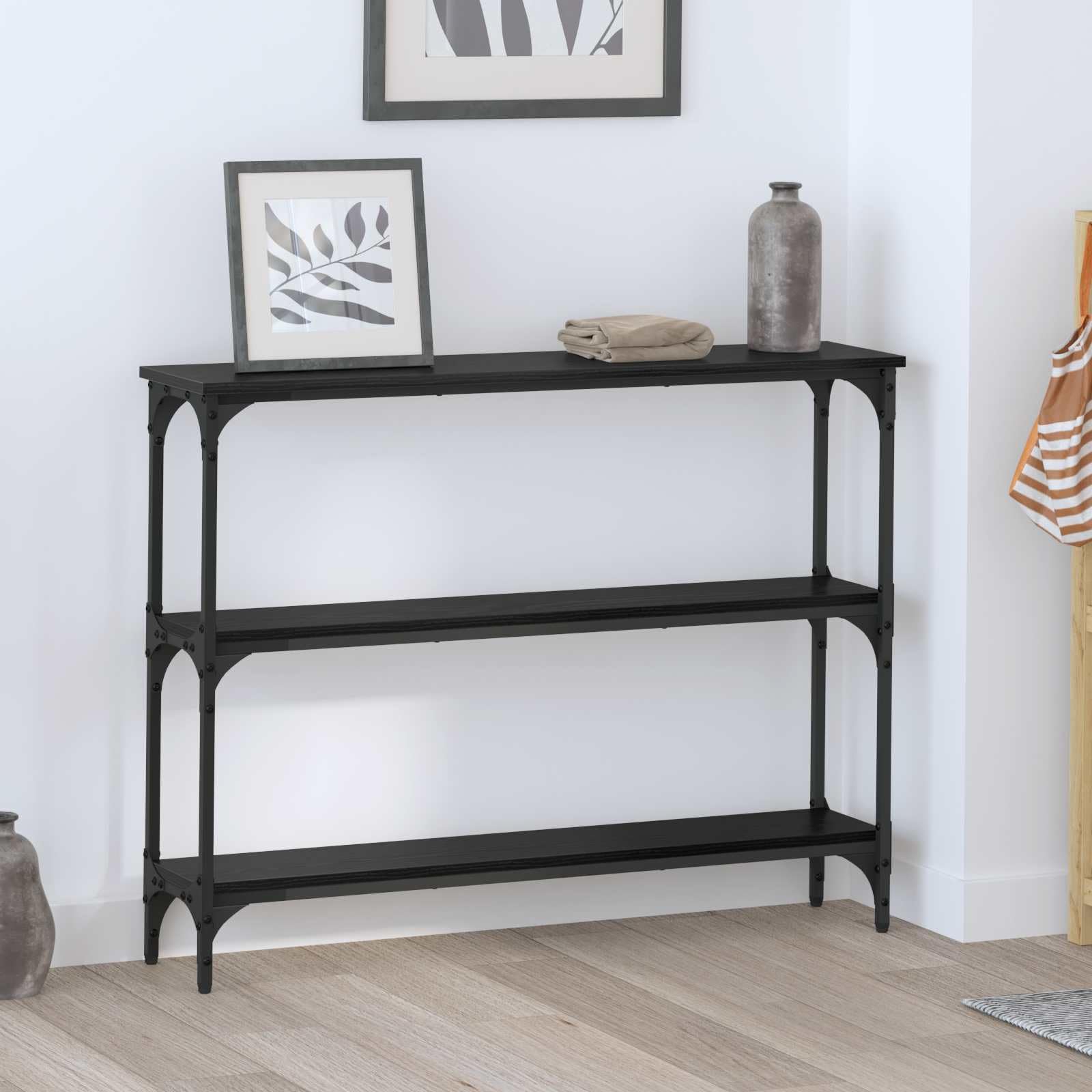 Mesa consola de roble negro de 100x22,5x75 cm con 3 estantes y robusto marco de metal para pasillo