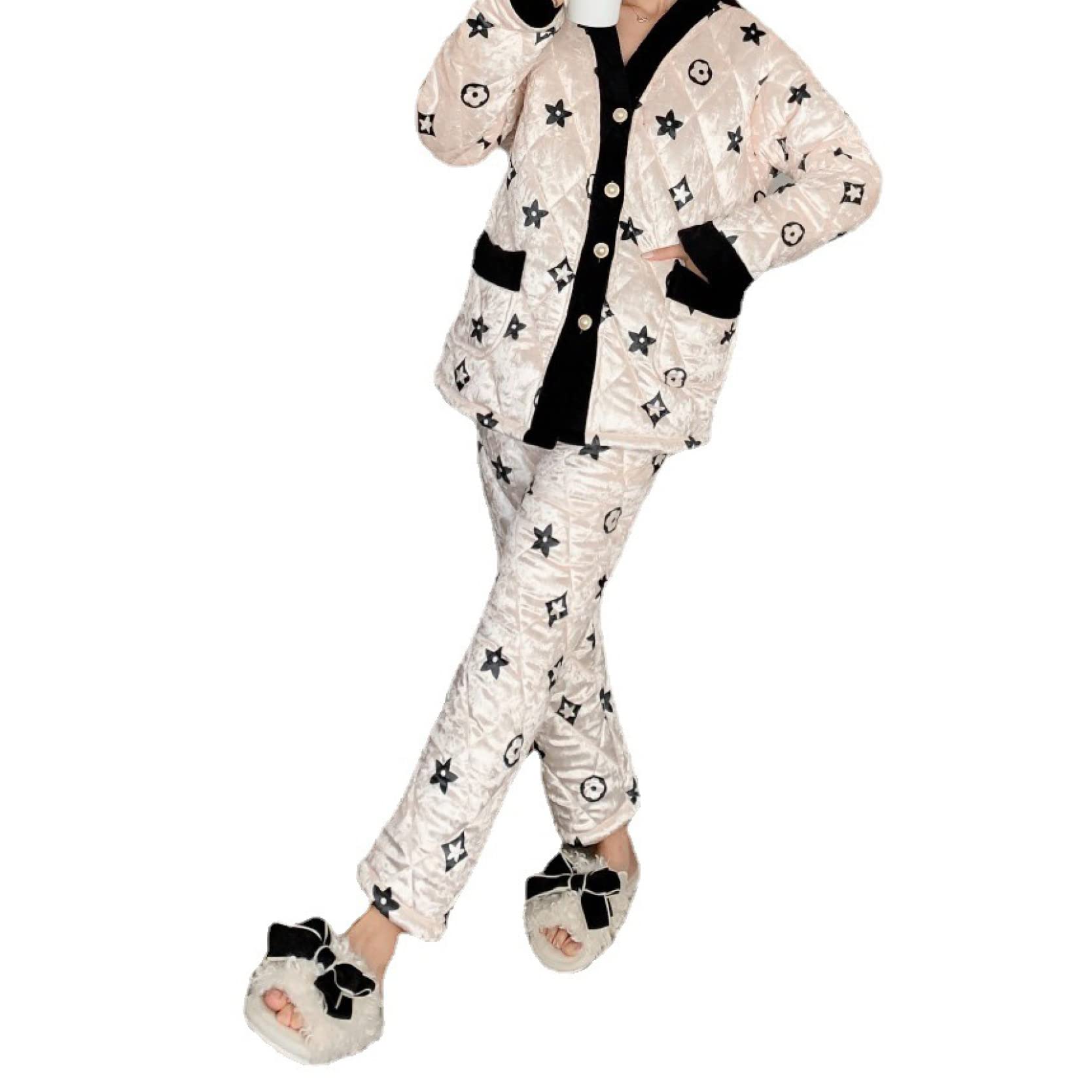 Womens Loungewear Set Fluffy Cotton Plus Size Outfit Button Up