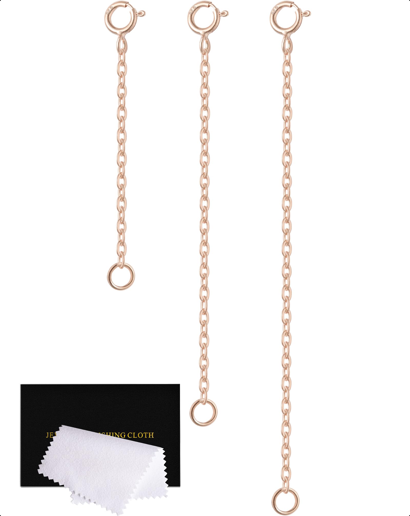 Rose Gold Necklace Extender Rose Gold, 925 Sterling Silver Necklace Extender Chain Bracelet Anklet Jewelry Extension for Women, 3 Piece Set (2, 3, 4 Inches)