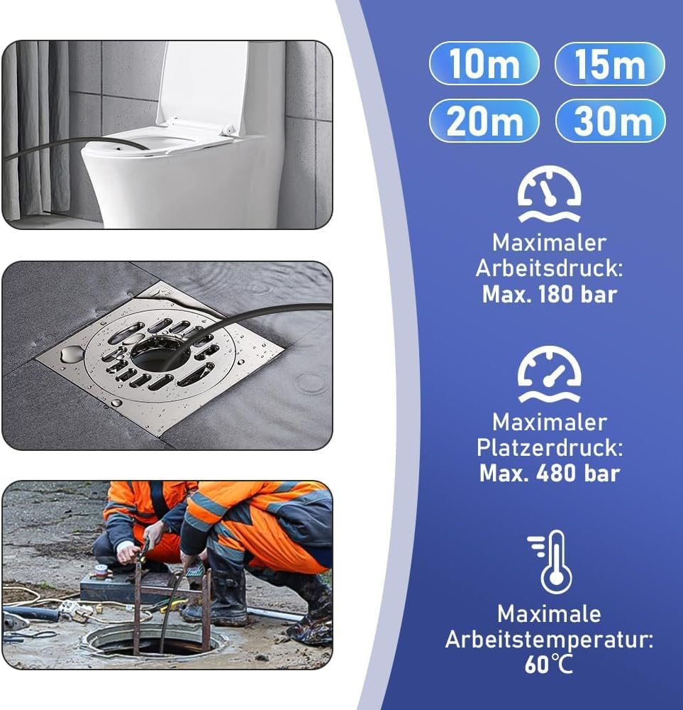Zestaw węży do czyszczenia rur, 30 m, 180 bar, kompatybilny z myjką wysokociśnieniową K2, K3, K4, K5, K6, K7, z torbą i adapterem M22, uniwersalna myjka wysokociśnieniowa
