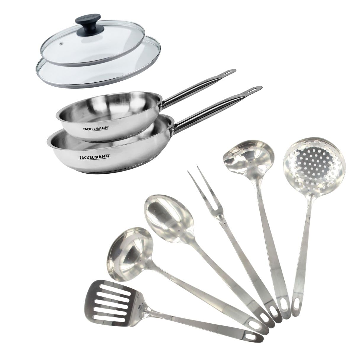 Fackelmann Set poêles inox 20 et 24 cm, couvercle et 6 ustensiles inox | Cuisson et service réunis, 2 poêles 20 et 24 cm, Inox et verre, Couvercles assortis, Lave-vaisselle, Sans PFAS