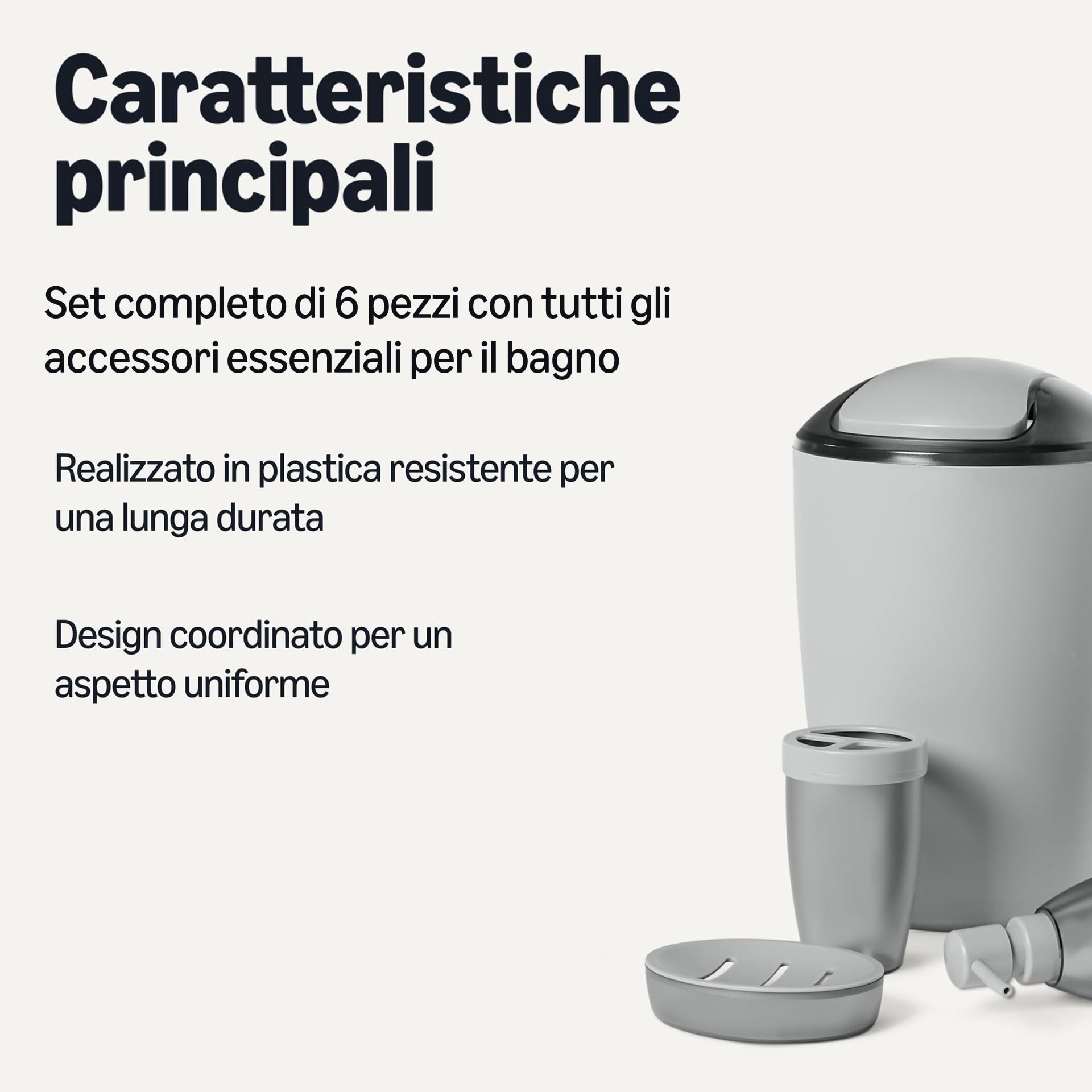 Amazon Basics, Set di Accessori da Bagno con Portaspazzolino, Dispenser di Sapone, Portasapone, Bicchiere per Spazzolino, Pattumiera, Scopino e Supporto, Grigio