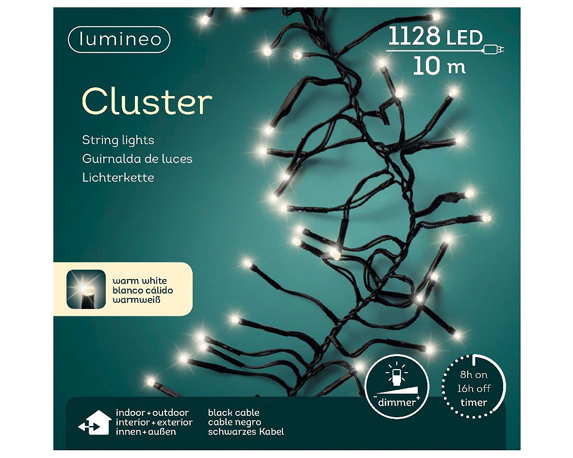 Lumineo Cluster-Lichterkette 1128 LED, 10 m – warmweiß, dimmbar mit Timer, energiesparend, wetterfest IP44, 5 m Zuleitung – Weihnachtsbeleuchtung für Innen & Außen
