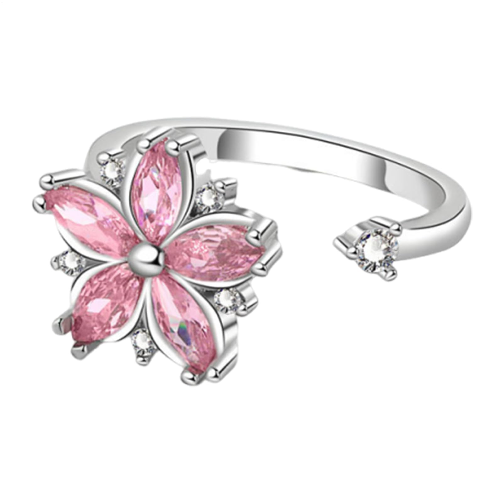 Spinner Ring, Fidget Ringer Finger, Adjustable Floral Design Distress Reliever Aid, Stress Rings Bands for Women, Workplace, Airplane, Meditation Focus, Color Silver with Pink