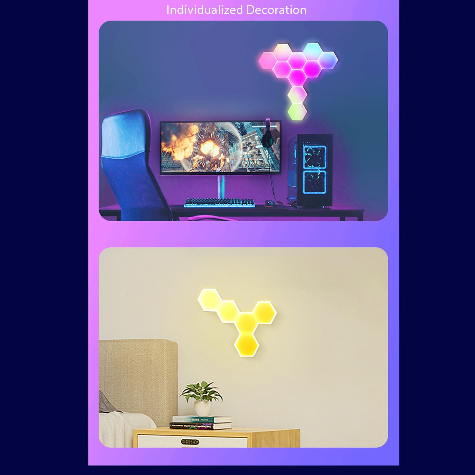 Eujgoov Applique Murale Hexagonale, Panneau Intelligent LED RVB avec Commande Vocale et Synchronisation Musicale, pour la Décoration de la Pièce et les Fêtes