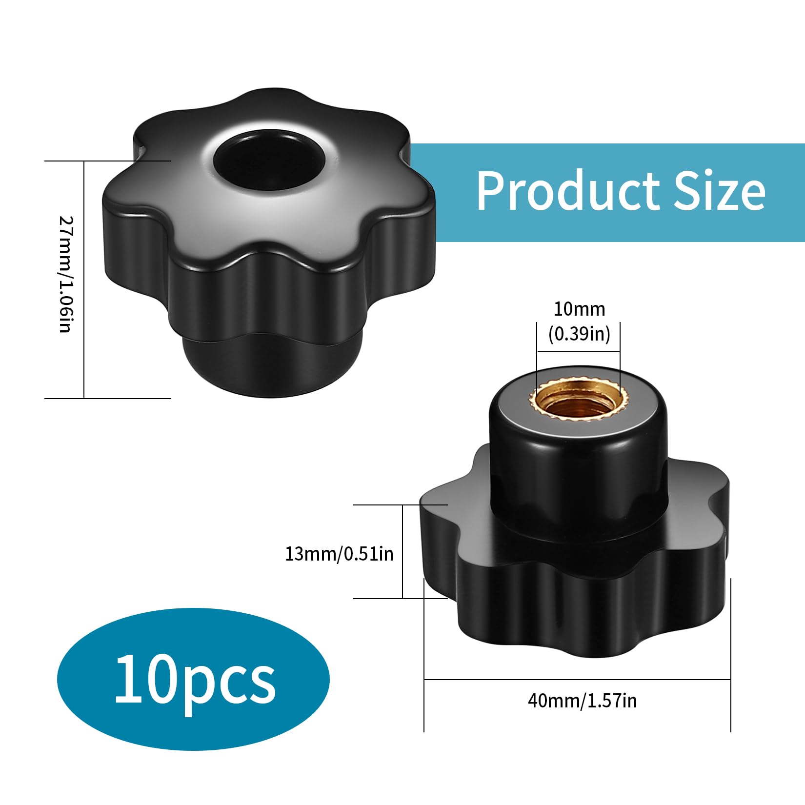 10 Pcs M10 Star Shape Head Knobs, Black Plastic Female Thread Clamping Knobs - Image 2