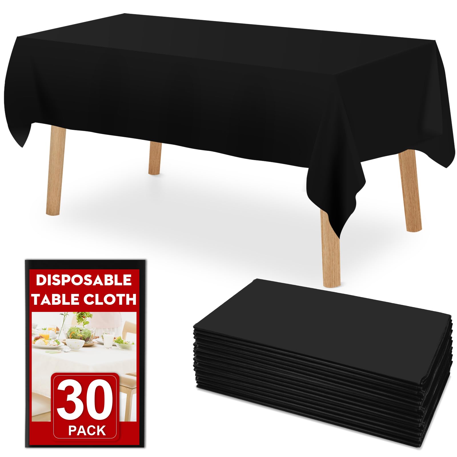 RowinsyDD Paquete de 30 manteles desechables de plástico negro, 54 x 108 pulgadas, para mesas rectangulares, manteles desechables para comedor, fiestas, barbacoas, bodas, al aire libre