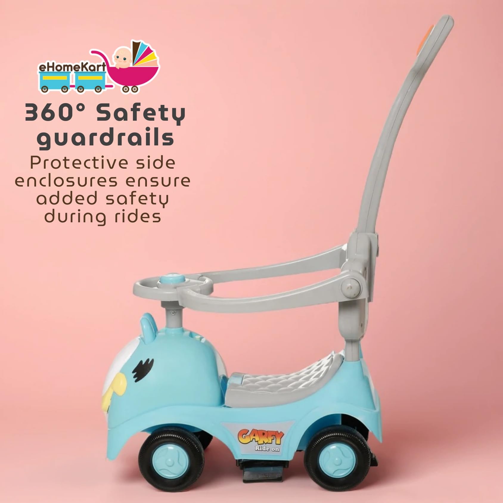 Fun Ride Ride On Push Car, Gaffy 3 in 1 Rider with Removable Parental Handle - Musical Push Car with Utility Storage Toy Box - Armrest Guardrails for Safety, Indoor/Outdoor Toy, Blue, Kid 3