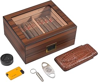Black Ebony Humidor Cigar Box, Cigar Kit with Travel Cigar Case,Cigar Lighter Yellow,Cigar Cutter,Cigar Punch/Digital Hygrometer/Humidifier,Cigar Gift for Men/Women