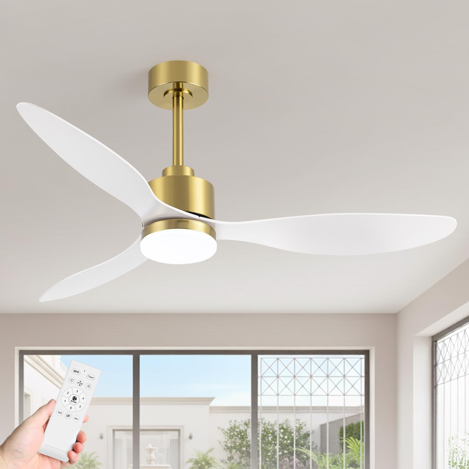 Breezary 52" Contemporary Ceiling Fans with Lights and Remote, Quiet DC Motor, 3 Reversible Blades, 6-Speed, Modern Gold and White Low Profile Ceiling Fan with 3-Color LED Light Fandelier for Bedroom
