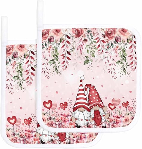 2 Packs Valentine's Day Pot Holders Sets for Kitchen,Oven Pan Plate Bowl Pads Heat Proof Mat with Hanging Loop,Terry Cloth Potholders Soft Grip for