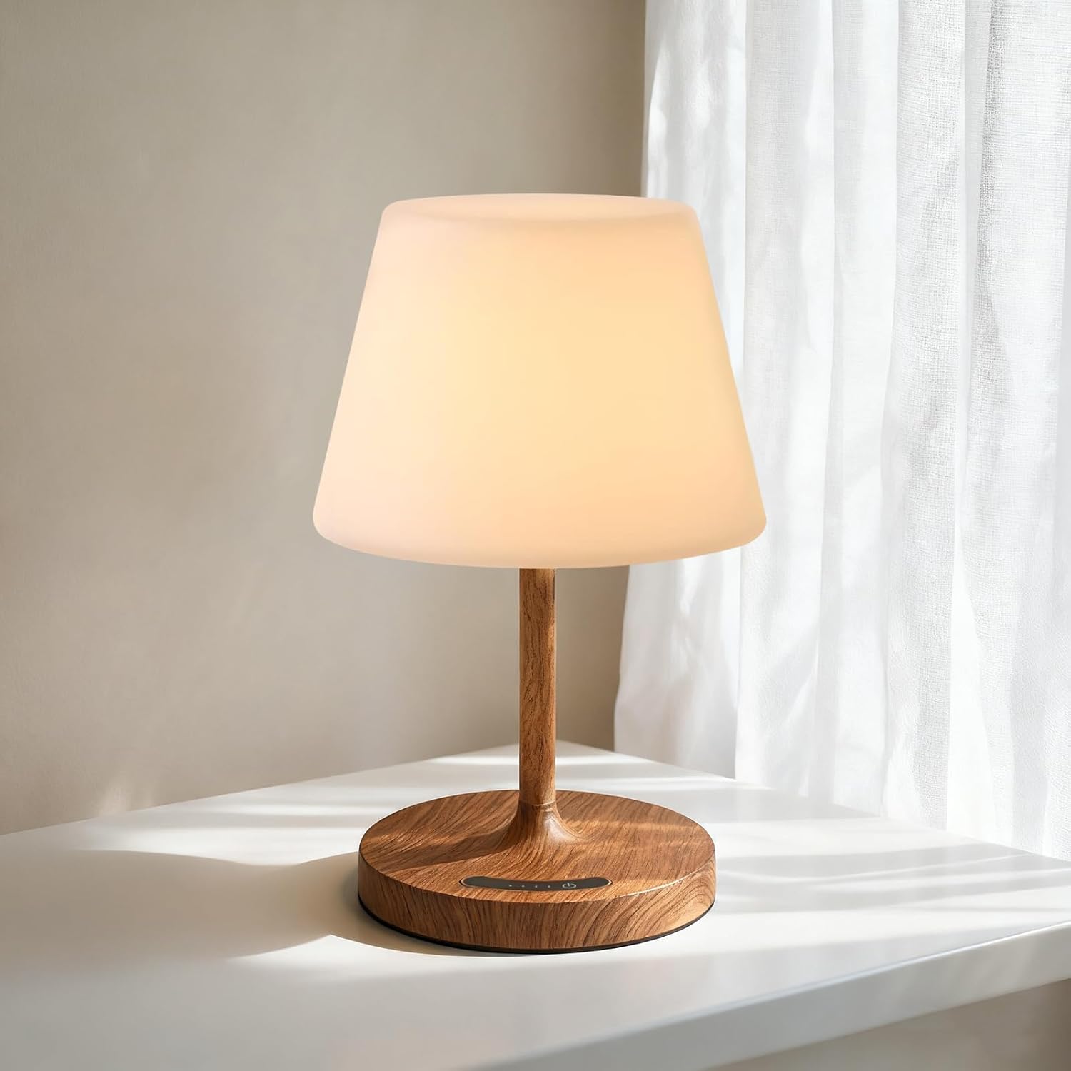 Cordless Contact Desk Lamp, 4000mAh Rechargeable Small Desk Lamp with 3 Shade Temperatures & Stepless Dimming, Moveable LED Bedside Lamp for Bed room, Residing Room, Patio & Tenting, Wooden Grain