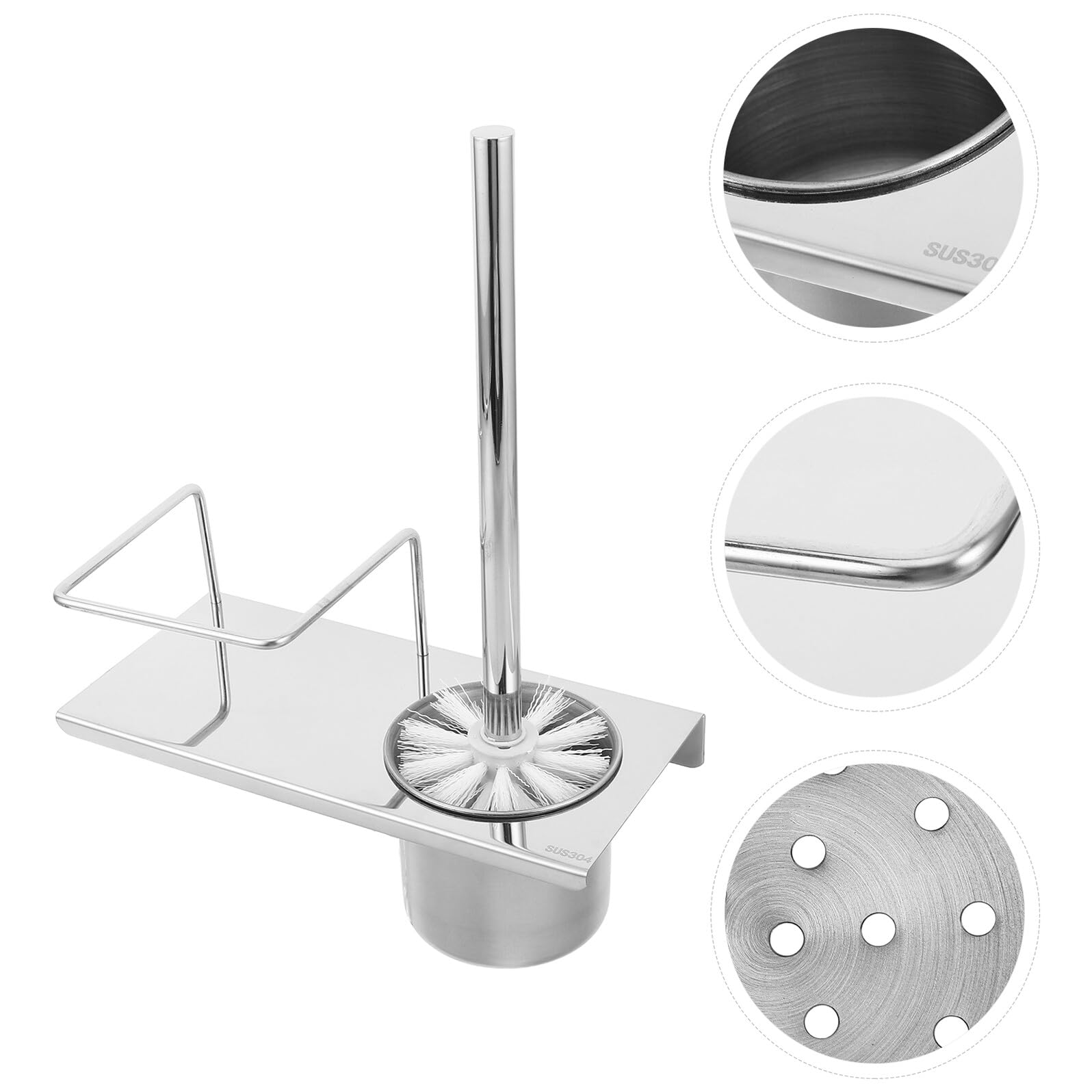 FOMIYES Set de Cepillos y Soporte para Inodoro, Acero Inoxidable, Montaje en Pared, con Estante Integrado para Baño