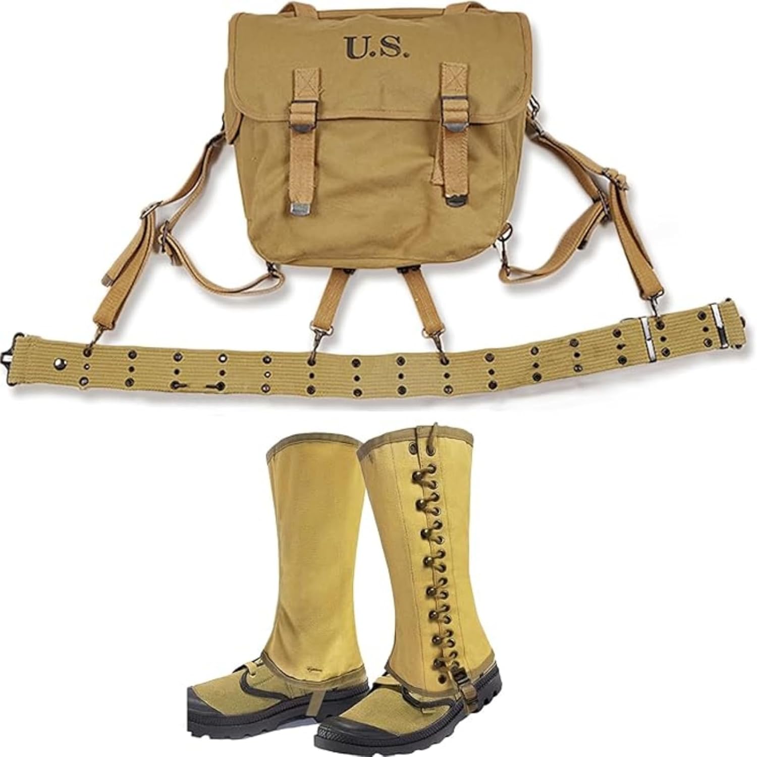 WW2 US M1936 Canvas Messenger Bag & Gaiters & Suspenders & Pistol Belt