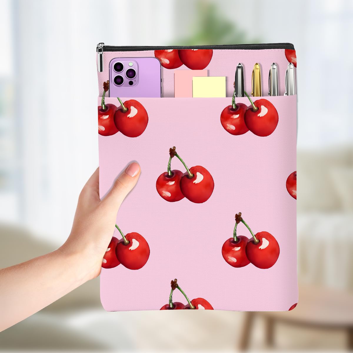 Black Checkered Cherries Book Lovers Gifts,Cheeries Book Sleeve, Books Covers for Paperbacks with Zipper Front Pocket Bookish Accessories Cherry Decor