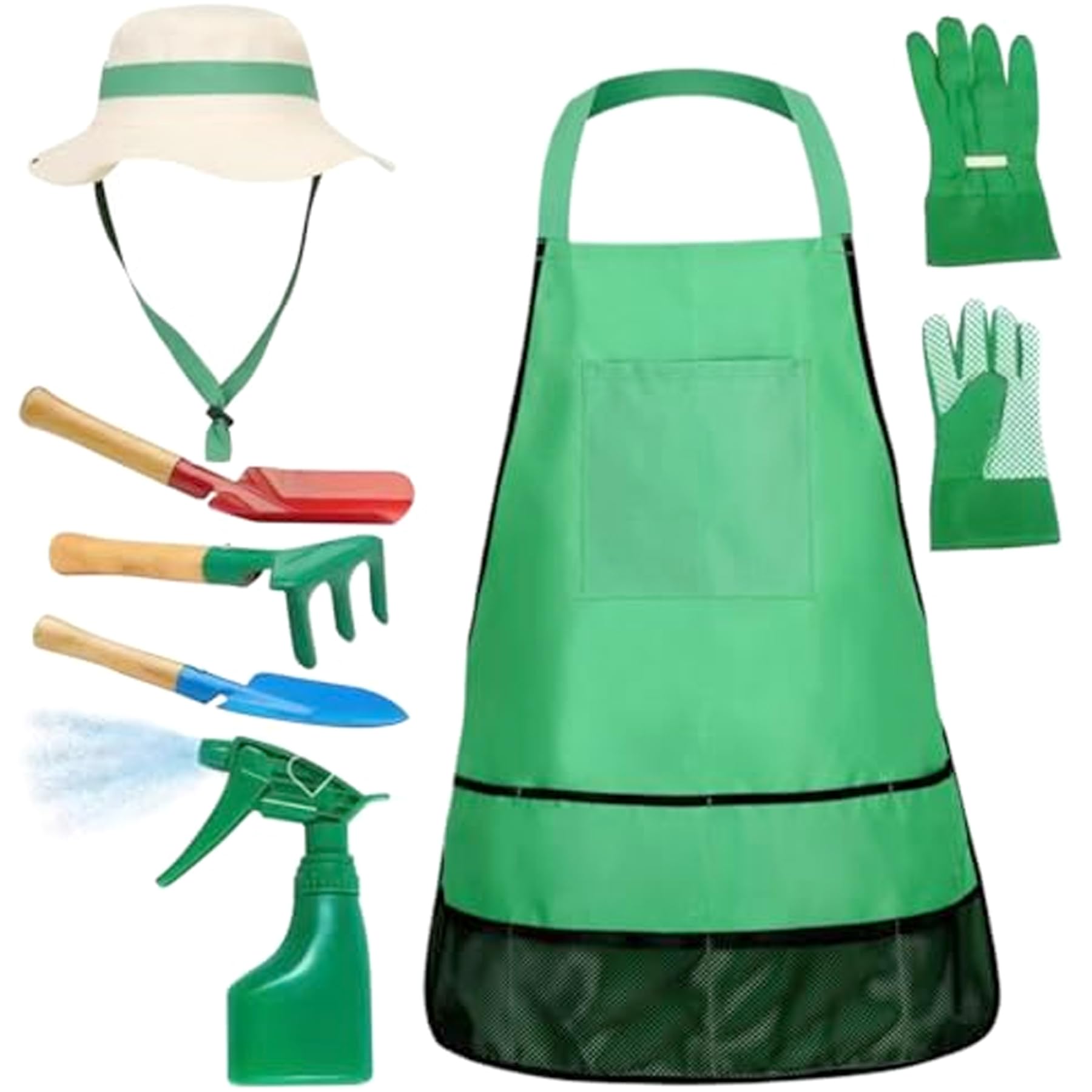 Kids Gardening Kit, 7PCS/Set Toddler Gardening Set with Sun Hat, Apron, Sprayer, Gloves, Rake, Trowel and Shovels, Garden Tools for Kids Height 45.28-57.09 Inch Toddler Tools