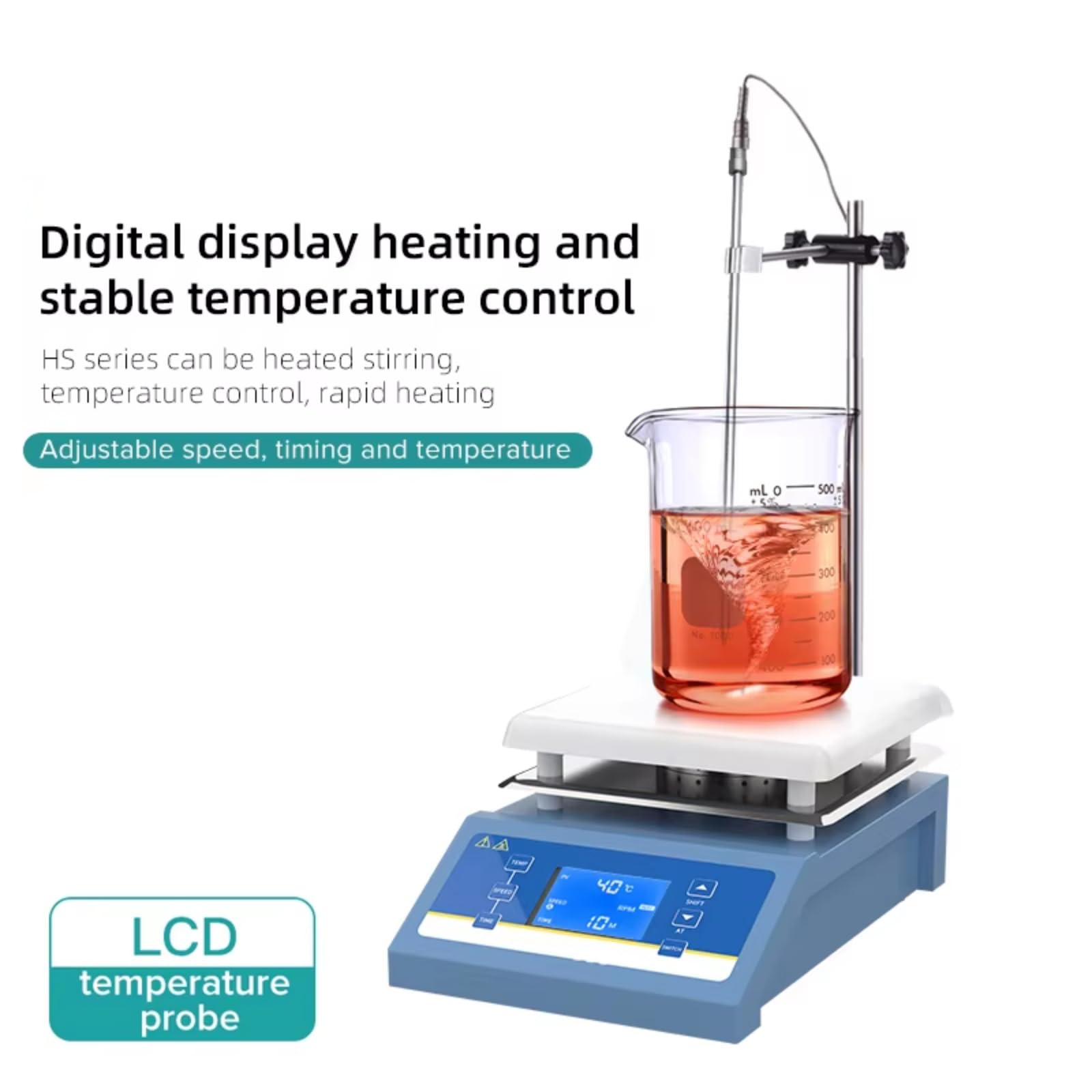 Mezclador magnético de laboratorio con placa caliente, pantalla LED y sensor de temperatura para un calentamiento y agitación precisos