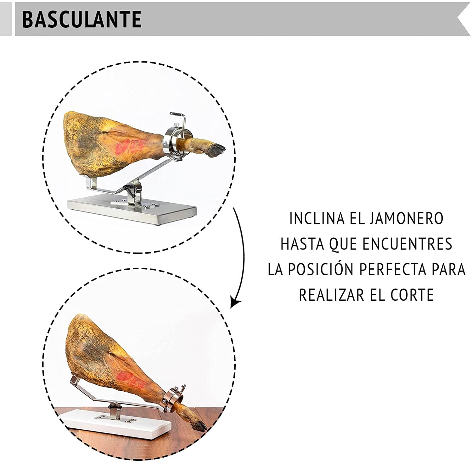 BRICOMIRAS JAMONERO BASCULANTE GIRATORIO CON BASE INOXIDABLE. SOPORTE JAMONERO IDEAL USO DOMÉSTICO Y PROFESIONAL (Inoxidable solo)