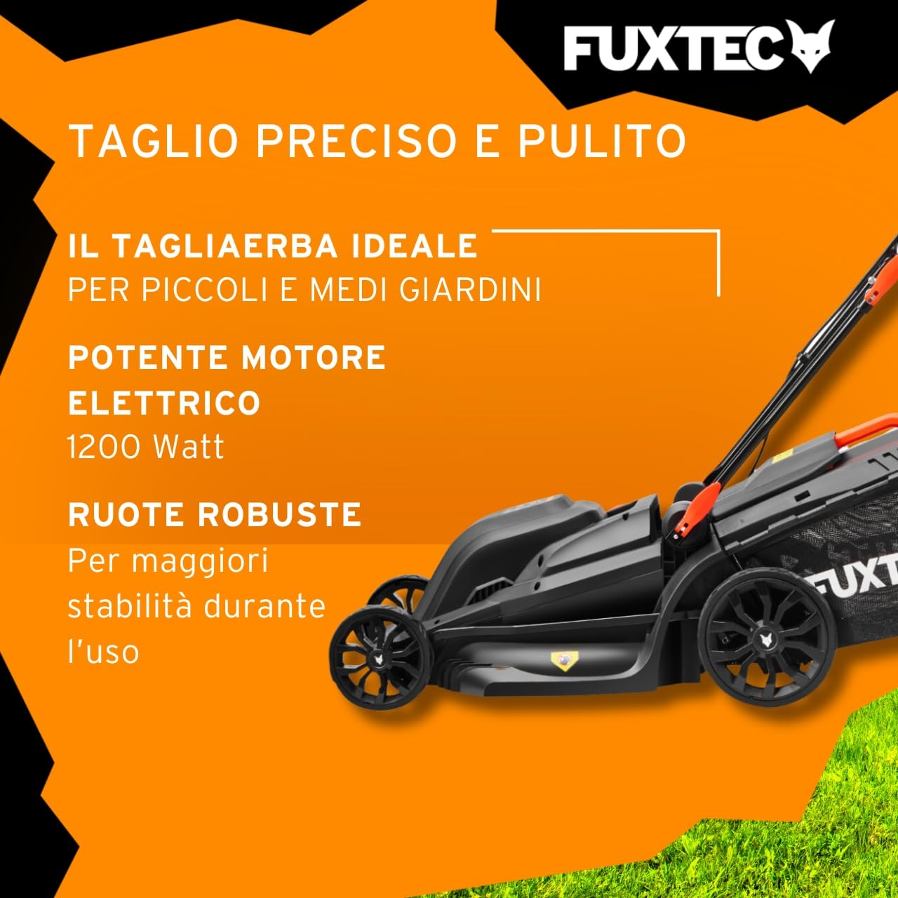Tagliaerba Elettrico FUXTEC FX-RME43-44 cm Larghezza di Taglio, Cesto da 45 L, Altezza Regolabile 25-75 mm, Tosaerba Silenzioso ed Efficiente
